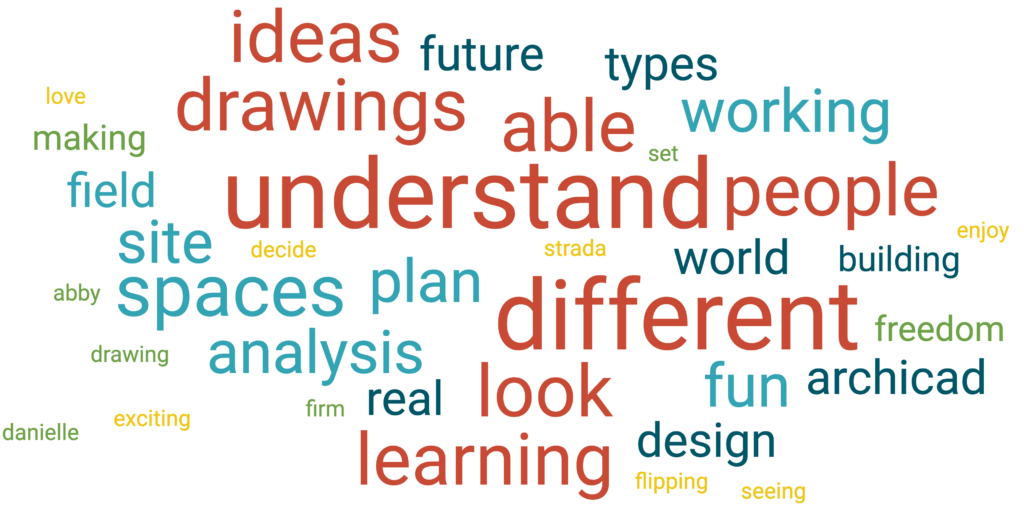 word cloud in red, blue, green, teal, and yellow. Understand, Able, Drawings, Ideas, People, Different, look, learning, spaces, site, analyisis, field, plan, types, future. 