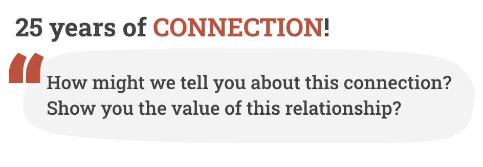 25 years of connection! How might we tell you about this connection? Show you the value of this relationship?