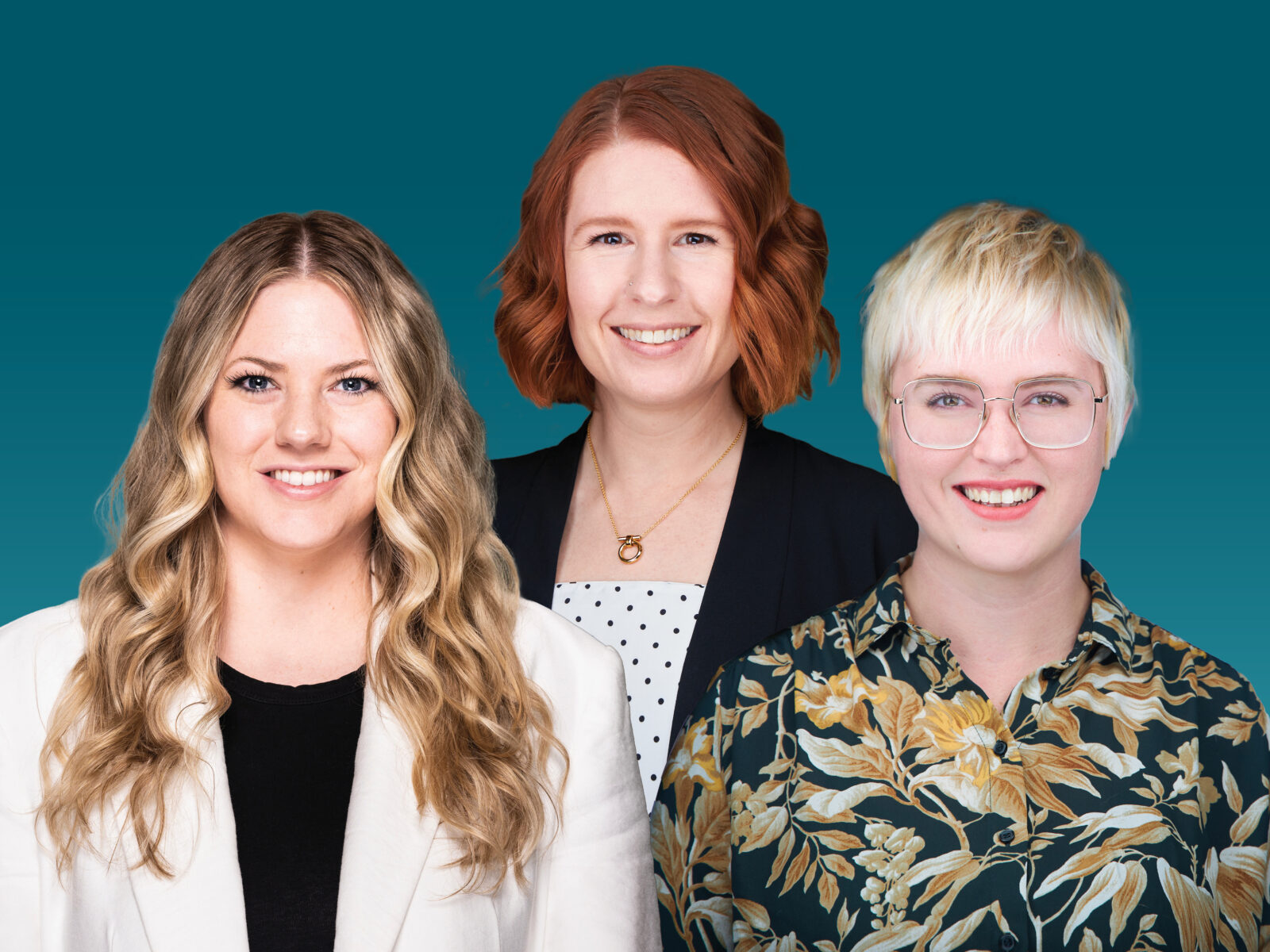 Three women against a blue background. Roxy, Interior design, Megan, Architecture, Rachel, Marketing.